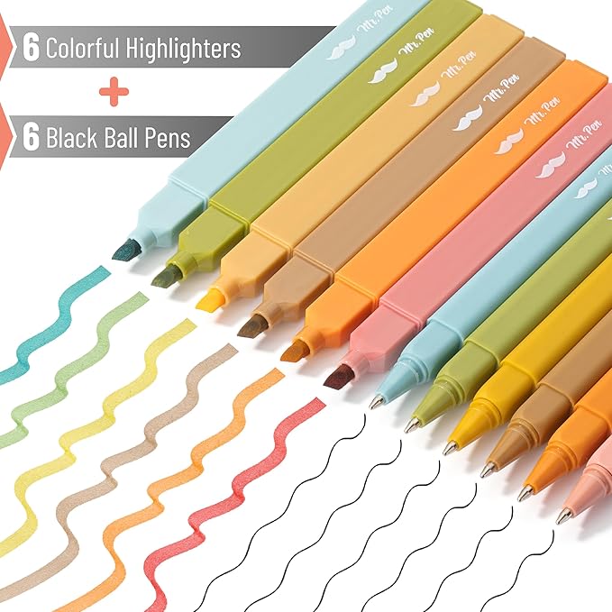 Mr. Pen- Aesthetic Highlighters and Pens No Bleed, 12 Pack, Pastel Color Bible Highlighters No Bleed, Black Ink Bible Pens, Highlighter Pens, No Bleed Highlighters for Bibles, Bible Pens
