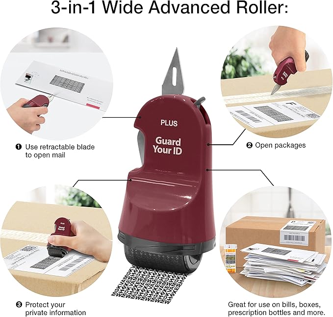 Guard Your ID 3 in 1 Wide Advanced Roller with Retractable Box & Envelope Opener and Identity Theft Prevention Security Stamp Wine