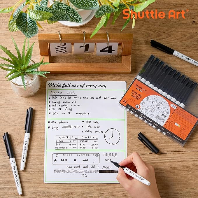 Shuttle Art Ultra Fine Dry Erase Markers, 15 Pack Black Whiteboard Markers with Erase, Dry Erase Markers Perfect For Writing on Whiteboards, Dry-Erase Boards,Mirrors for School Office Home