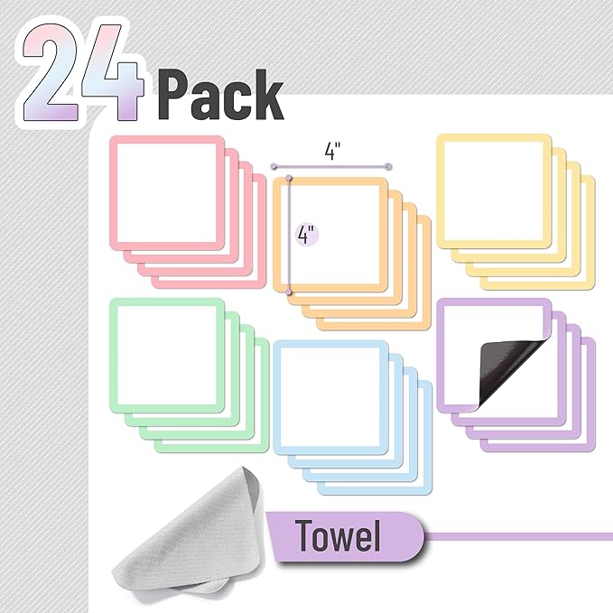 Mr. Pen- Dry Erase Magnets, 4”x4”, 24 Pack, Colorful Dry Erase Magnetic Labels, Magnetic Dry Erase Labels, Magnet Labels, White Board Magnets, Dry Erase Board Magnets, Magnetic Name Tags Reusable