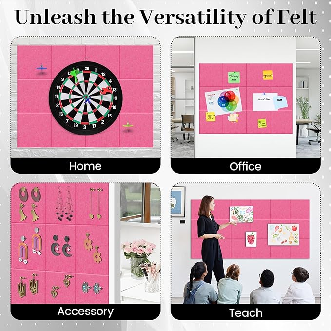 Felt Bulletin Board Felt Wall Tiles 12 Pack- 47"x35" Large Cork Board/Cork Tiles Alternative Safe Removable Felt Boards for Walls Felt Board for Office Felt Pin Board Pink