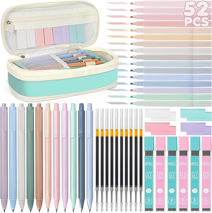 52 PCS Aesthetic School Supplies with Cute Pencil Case, Stationery Essentials with Pens Pencils and Pastel Highlighters Set, College Back to School Supplies for Teen Girls, Office Supplies - Blue