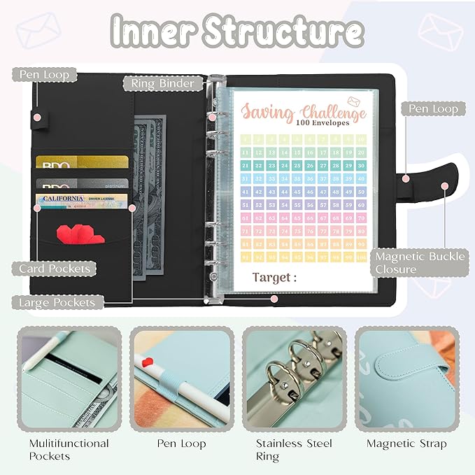 100 Envelopes Challenge Binder, A5 Money Saving Budget Binder with Cash Envelopes, Savings Challenges Book (Black)