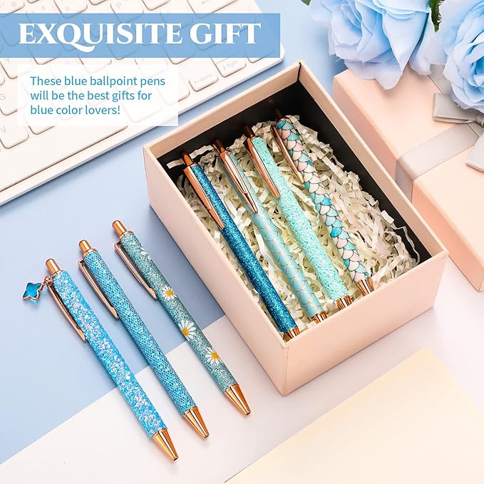 Sherr 7 Pcs Fancy Pens for Women Cute Sparkly Glitter Pens with 10 Pcs Black Ink Refills Pretty Gifts for Girls Office School Christmas Graduation(Blue,Plain)