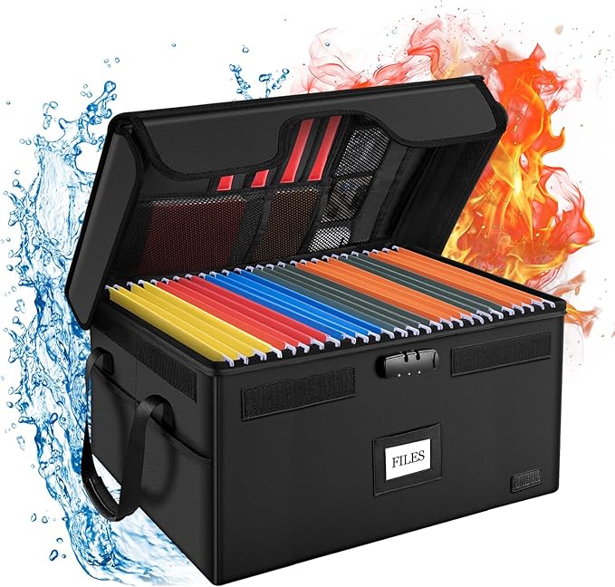 AMBOR Large File Box with Lock, Fireproof Document Box with 5 Tabs, Collapsible File Organizer with Handle for Home Office for Letter & Legal Folder/Certifications/Books Storage, Black