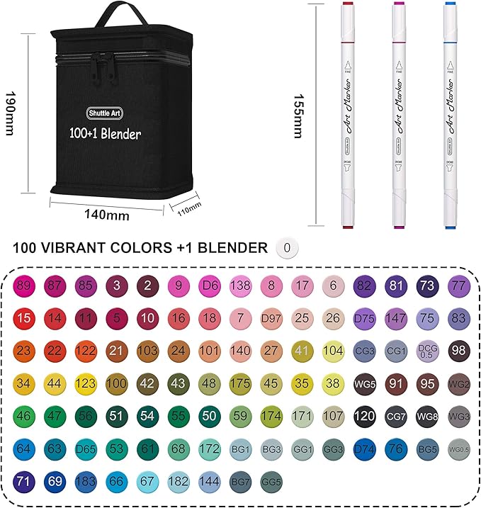 Shuttle Art 101 Colors Dual Tip Alcohol Based Art Markers,100 Colors plus 1 Blender Permanent Marker Pens Highlighters with Case Perfect for Illustration Adult Coloring Sketching and Card Making
