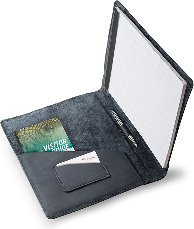 PEGAI Handmade 100% Leather Padfolio, Legal Pad Organizer for Business School Office Conference, Heavy Duty Full Grain Cow Hide Resume Interview Folio, Amazing Gift Idea | Marshall (Charcoal Black)