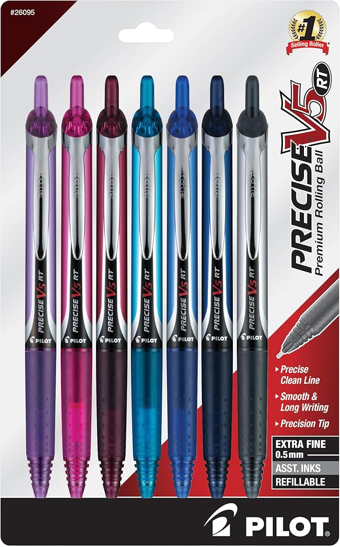 Pilot, Precise V5 RT Refillable & Retractable Liquid Ink Rolling Ball Pens, Extra Fine Point (0.5 mm) Assorted Ink Colors, Pack of 7