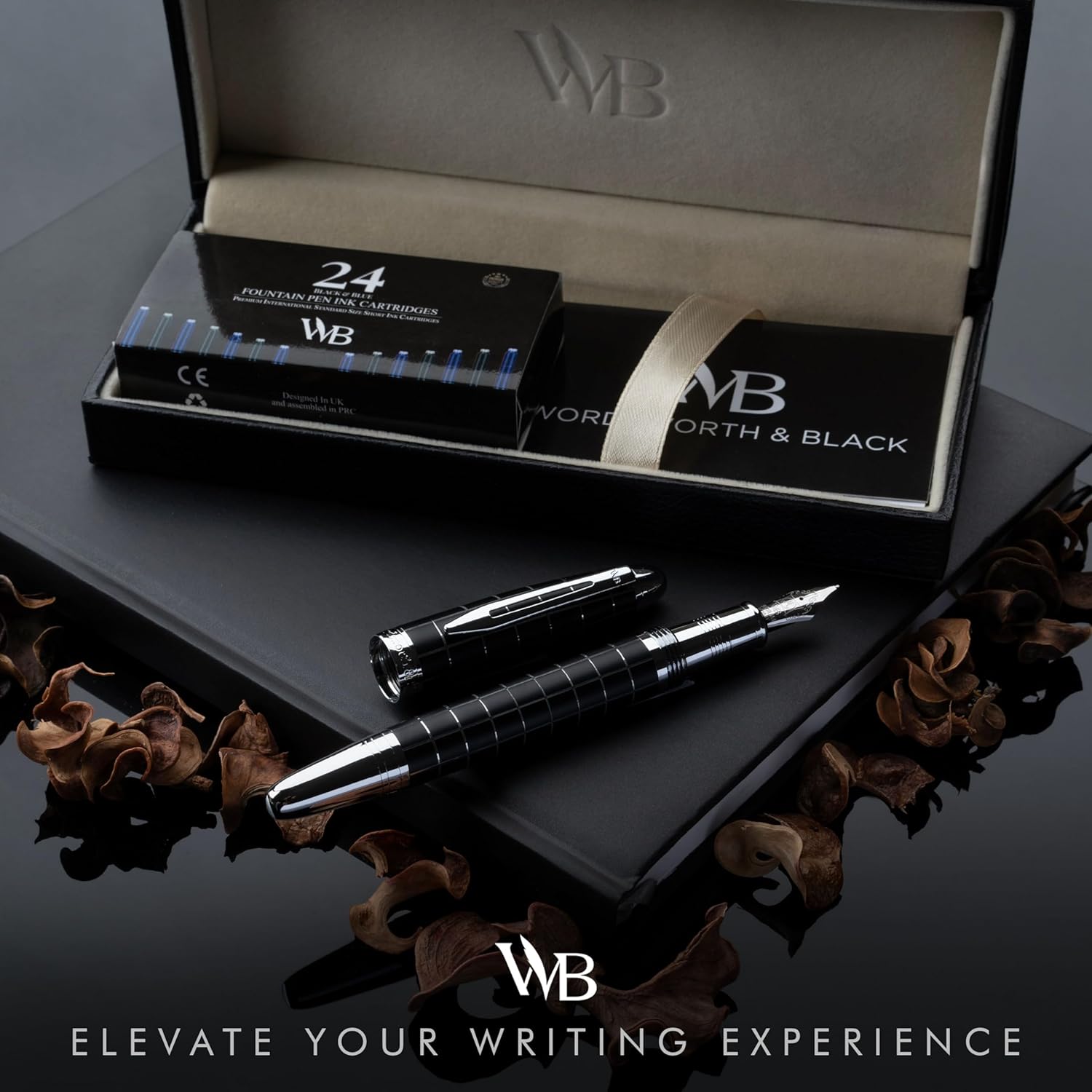 Wordsworth & Black Majesti Fountain Pen-(Checked), Luxury Case, Chrome Finish; Extra Fine Nib- Ink Cartridges, Refillable Ink Converter-Calligraphy Pen-Best Business Gift Set for Men & Women