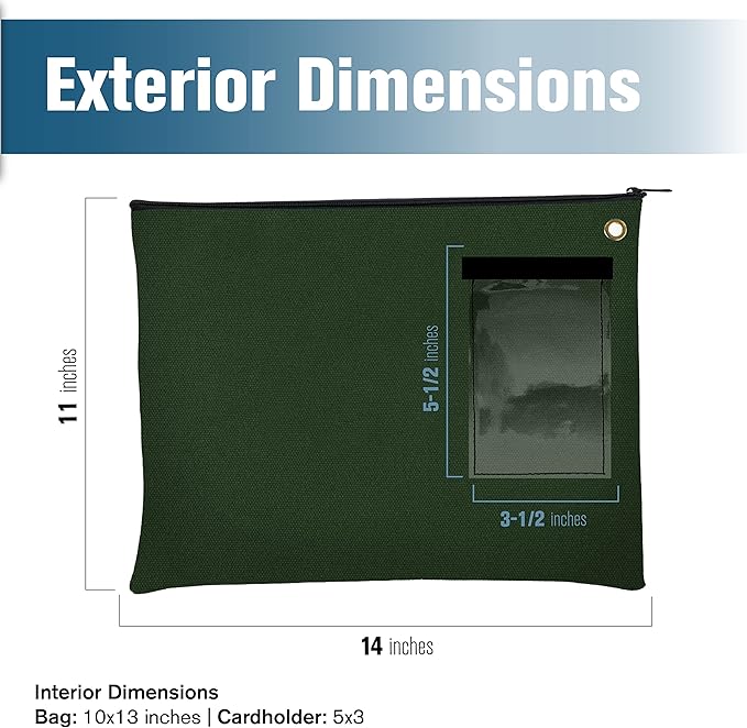 BankSupplies Canvas Interoffice Mailer, 14 oz. - 14W x 11H - Forest Green - Transit Bag - Large Zipper Bag with Grommet - Use with Padlock or Zip Tie for Security - Interoffice Mail Bag
