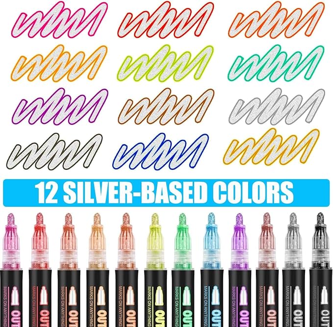 Shimmer Markers Double Line Outline Markers, 12 Colors Squiggles Shimmer Outline Markers Pen Set for Drawing Art School Supplies, Glitter Markers Set for Cards Lettering, Gift for 4-12 Year Old Girl