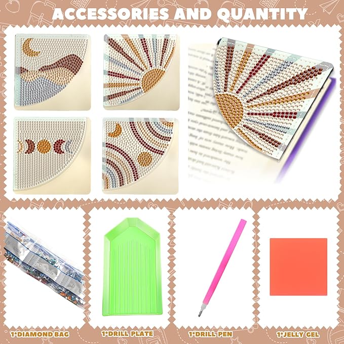 4Pcs Boho Diamond Art Bookmarks,DIY Corner Bookmark Diamond Art Painting Kits,Diamond Art Bookmarks DIY Page Bookmarks for Home Office School Beginner Adults Reading Crafts Kit Gifts