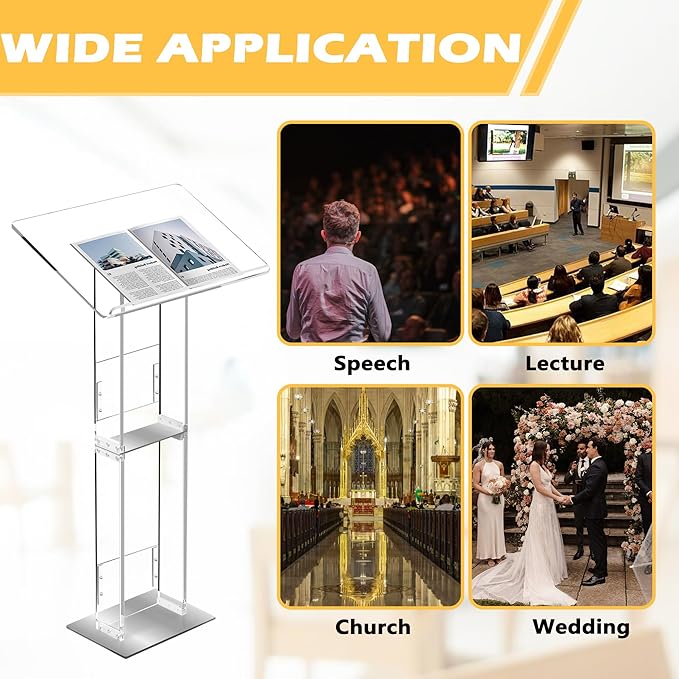 Podium Stand, Lecterns & Podiums, Acrylic Adjustable Angles with Metal Base, Podium for Church, Weddings, Classroom, Speech, 24" L x 16" W x 43.5" H, Clear