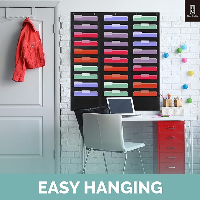 Black Pocket Chart for Classroom - 30 Pocket Storage Rainbow Pocket Charts , 5 Over Door Hangers Included, Hanging Wall File Organizer for File Folders, School Mailbox, Home/Office Papers