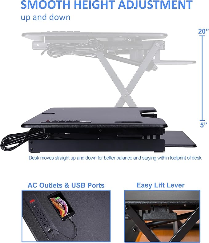 Rocelco 46" Standing Desk Converter with AC USB Charger and Triple Monitor Mount Arm - Height Adjustable Sit Stand Up Three Screen Riser Workstation - Keyboard Tray - Black (R DADRB-46-ACUSB-DM3)