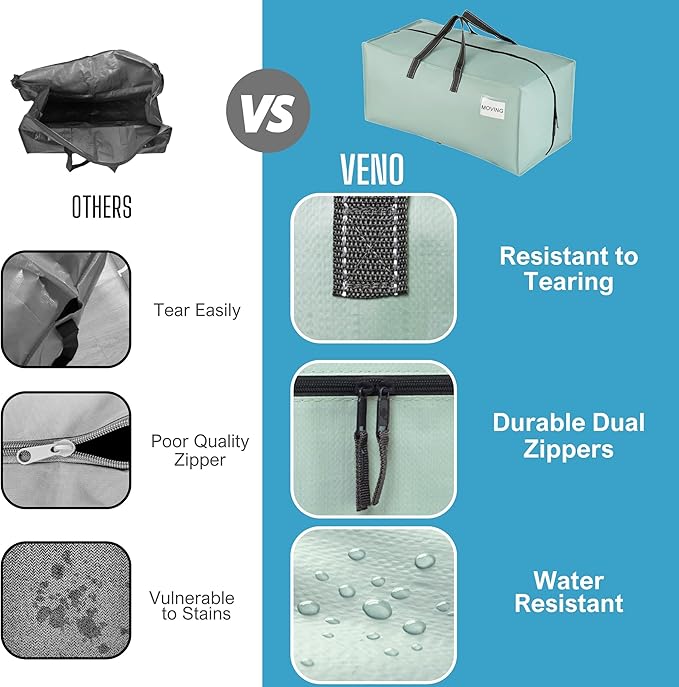 VENO 4 Pack Moving Bags w/Backpack Straps, Moving Boxes & Storage Bins Alternative, Packing Supplies, Camping Accessories Totes, Dorm Room Essentials Storage Bags (Light Green Matte, 4 Pack)