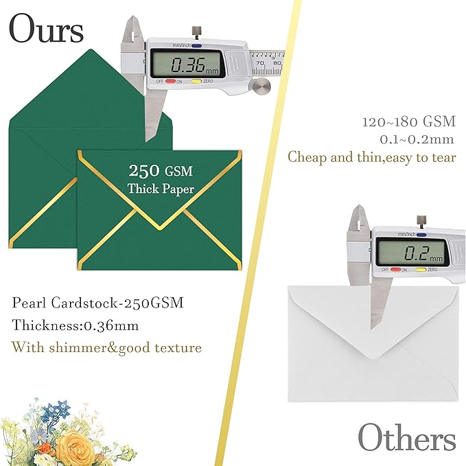 60 Pack Gold Envelopes 5x7 Bulk Green, 250G Pearled Cardstock A7 Envelopes for Invitations Business Mailing Envelope with Gold Foil Border, A6 4x6 Envelopes for Wedding Baby Shower Cards