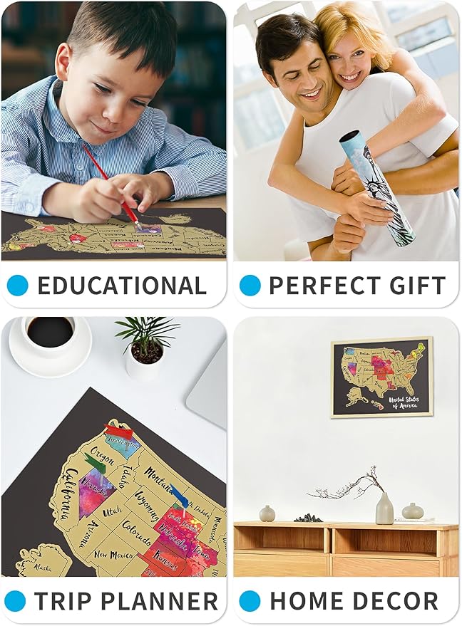 JARLINK Scratch Off USA Map Poster, 12x17 inches United States Map with Unique Accessories Set, Personalized Travel Poster, Gift for Travelers