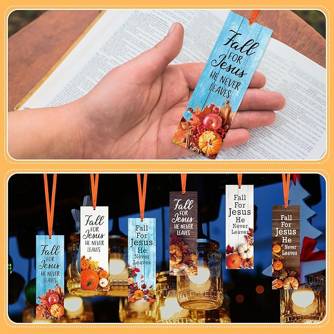 60 Pcs Fall for Jesus He Never Leaves Bookmark Religious Christian Bookmarks Autumn Thanksgiving Exchange Gifts for Church Home Party Favors