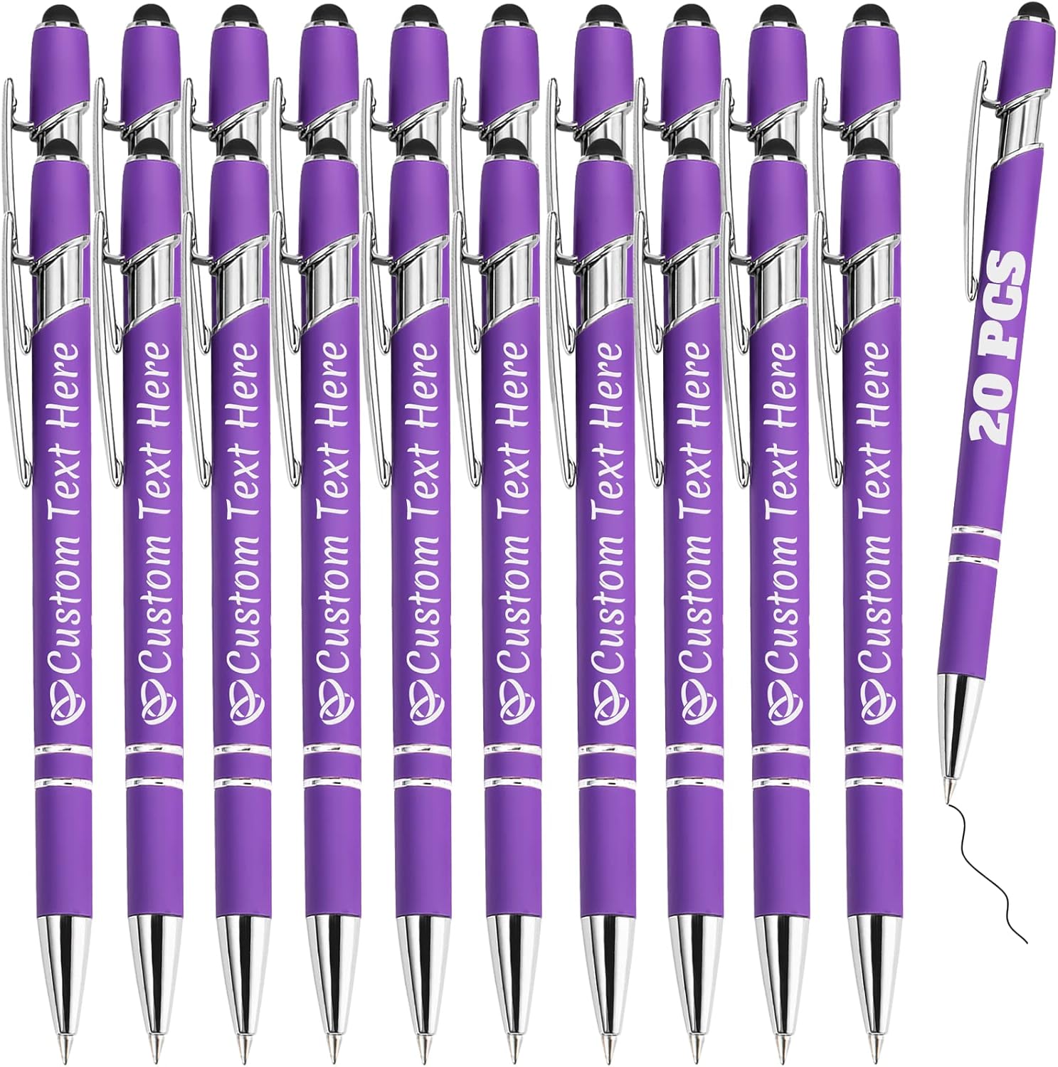 Personalized Pens Bulk 20 with Name Custom Engraving Ballpoint Pens with Stylus Tip Customized Smooth Writing Pens Personalized Gifts for Anniversary Birthday or Graduation(Purlpe,Black Ink)