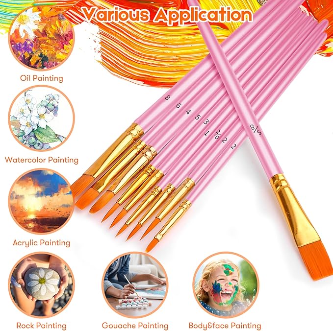 Soucolor Acrylic Paint Brushes Set, 40Pcs Round Pointed Tip Artist Paintbrushes for Acrylic Painting Oil Watercolor Rock Body Face Nail Art, Halloween Pumpkin Ceramic Crafts Supplies, Pink