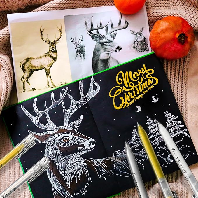 0.8mm Extra Fine Point 6 Pack Gel Pen Set White,Gold and Silver Gel Ink Pens for Artists,White Gel Pen,White Ink Pen,White Pens for Black Paper,White Pen for Artists Drawing