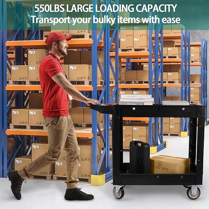 Elevon Service Utility Cart, 2-Shelf 550LBS Heavy Duty Plastic Rolling Tool Cart 2 Swivel Casters with Brakes, Ergonomic Storage Handle for Warehouse, Garage, Cleaning, Manufacturing - Black