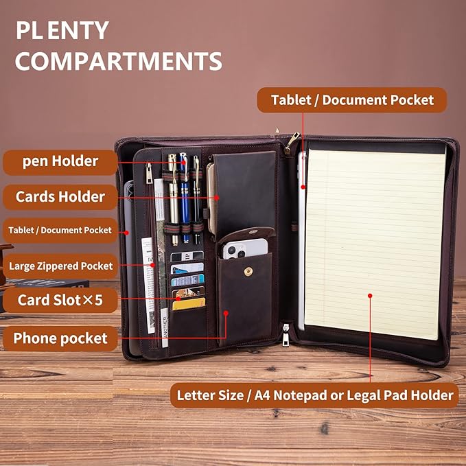 Handmade Crazy-Horse Leather Padfolio Portfolio, Easy to Carry with A Zippered Closure, Business Organizer Tablet Folio Folder with Letter Size Notepad, Gift for Women & Men (Dark Brown, Custom)
