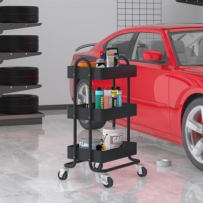 3-Tier Rolling Metal Storage Organizer,Mobile Utility Cart,Kitchen Storage Carts with Caster Wheels,Rolling Utility Cart Suitable for Office,Home,Kitchen,Garden（13.4"x18.1"x31"） Black