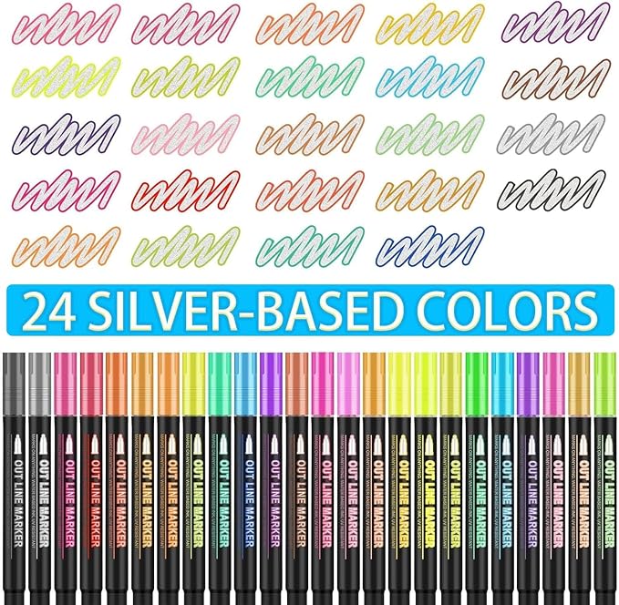 Shimmer Markers Double Line Outline Markers, 24 Colors Squiggles Shimmer Outline Markers Pen Set for Drawing Art School Supplies, Glitter Markers Set for Cards Lettering, Gift for 4-12 Year Old Girl