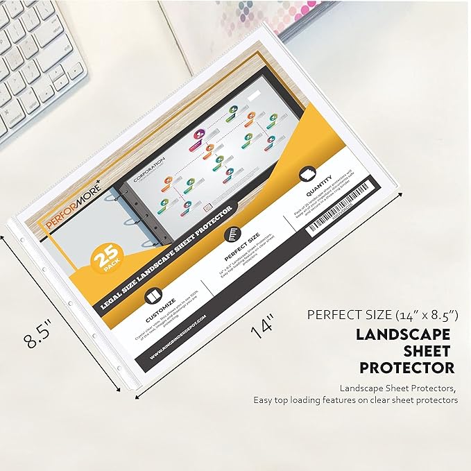 PERFORMORE 25 Pack of 8.5” x 14” Heavyweight Landscape Sheet Protectors, Legal Paper Sleeves, Clear Archival Quality, Horizontal Legal Size Clear Sheet Protectors for Binders Documents