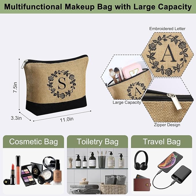 YOOLIFE Christmas Gifts for Women - Initial Jute Tote Bag & Makeup Bag, Birthday Gifts for Women Her Mom Teacher Friend
