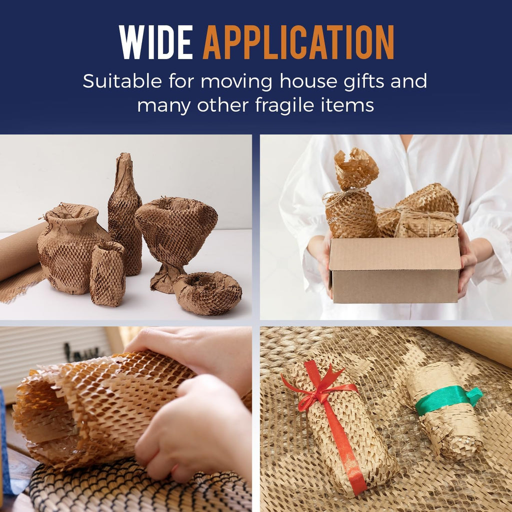 Honeycomb Packing Paper 12" x 150ft with Rope & 20 Fragile Stickers|Shipping & Moving Supplies|Small Business Packaging Supplies|Eco Friendly Bubble Wrap Packing Boxes for Moving Certified FSC C204227