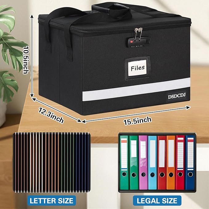 File Box with Lock - Portable File Box with Handle, Sturdy Important Document Organizer with Label, Slide, Reflective Strip for Hanging Letter/Legal Folder