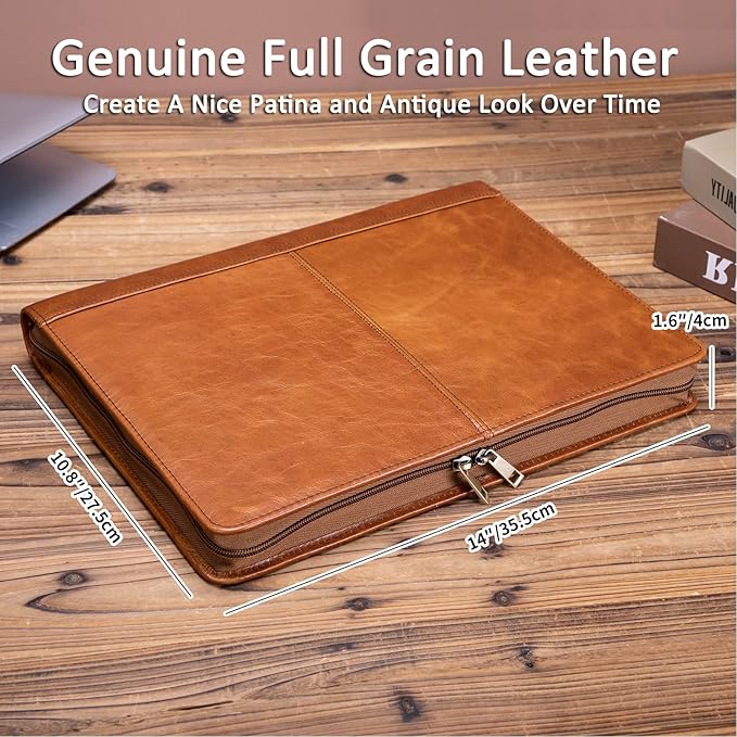Personalized Genuine Leather Portfolio with 3 Ring Binder, Full Grain Leather Padfolio Zippered, A4 Notebook Holder Customized Professional Folder Organizer Gift for Men and Women, Oil Tanned