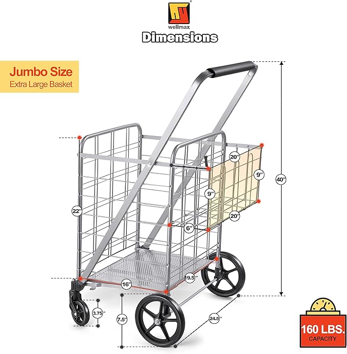 Wellmax Shopping Cart, Metal Grocery Carts For Groceries, Folding Cart For Convenient Storage And Holds Up To 160lbs, Dual Swivel Wheels and Extra Basket, Silver