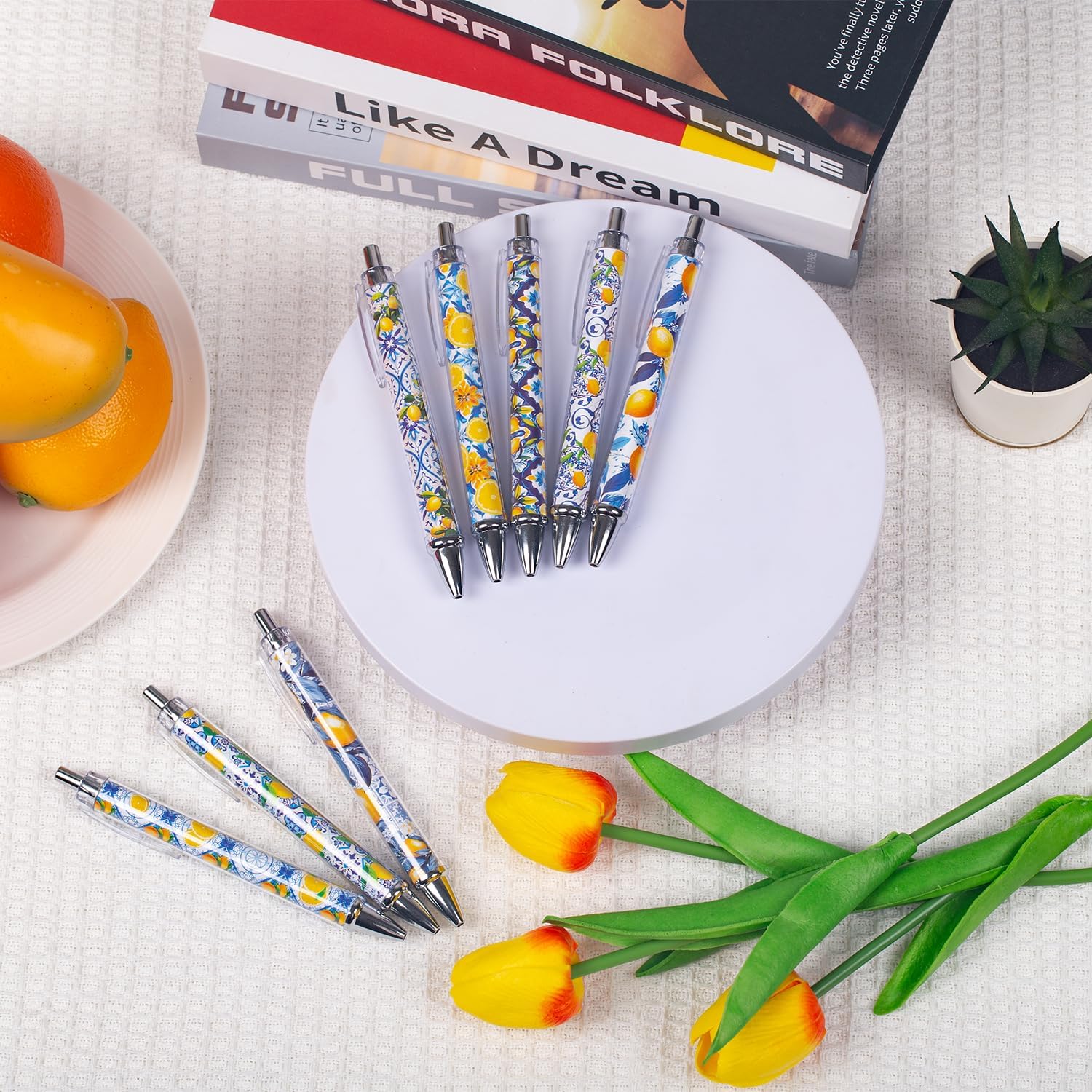 Capri Lemon Pens Set – Mediterranean-Inspired Ballpoint Pens for Girls, Students, and Stationery Lovers – Smooth Writing Pens for School, Journaling, or Gifts – Bright and Elegant Design, 8 Pack