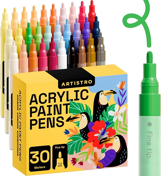 ARTISTRO 30 Colors Acrylic Paint Pens, Art Set Acrylic Paint Markers, Fabric Markers for Textile, Canvas, Rock, Glass, Wood, Paper, DIY, Paint Markers for Kids and Adults, Fine