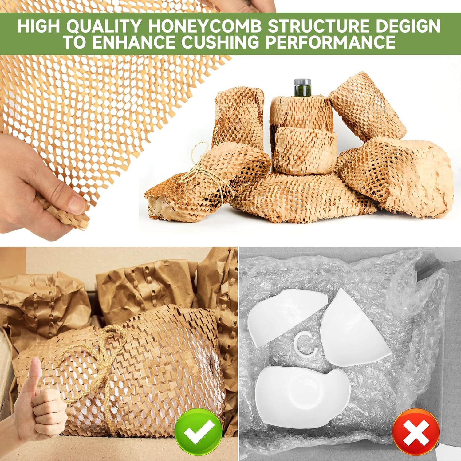 Honeycomb Packing Paper Wrap 15''x328', Substitute Alternative for Bubble Cushioning Wrap for Moving Shipping Packaging, Recyclable Moving Supplies with 48 Fragile Sticker Labels