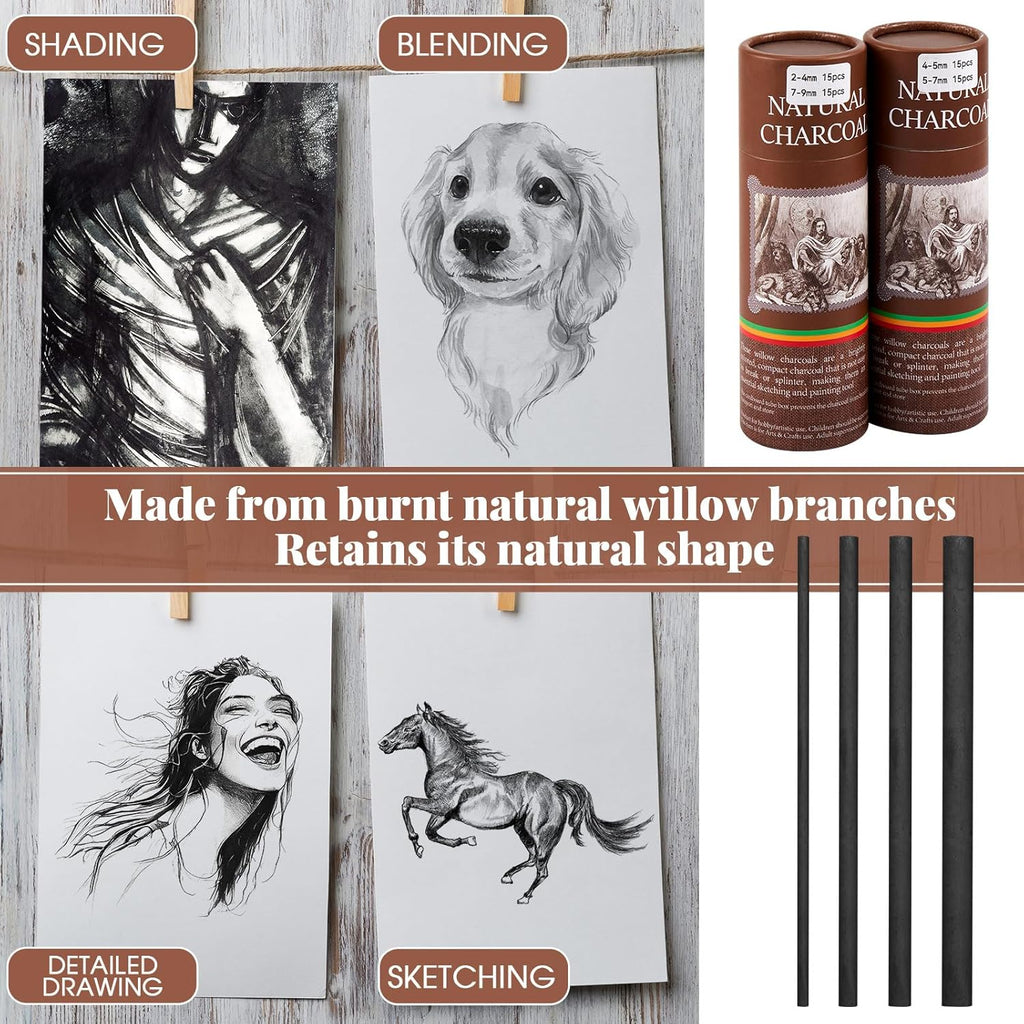 Gueevin 60 Pcs Willow Charcoal Sticks, Willow Charcoal, Artists, Beginners, Students, Perfect for Sketching, Drawing, Shading, and Fine Art (2-4mm，4-5mm，5-7mm，7-9mm)