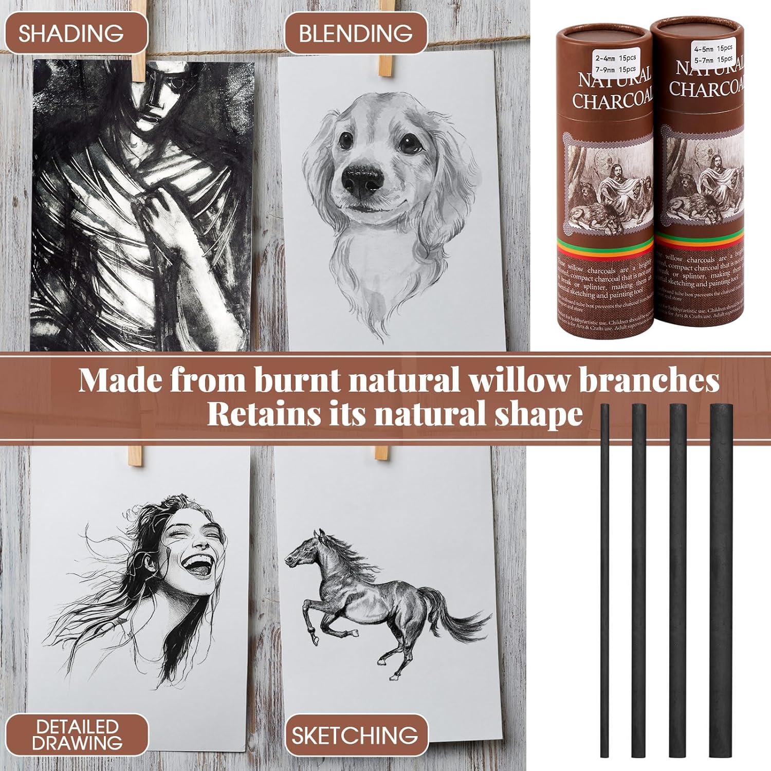 Gueevin 60 Pcs Willow Charcoal Sticks, Willow Charcoal, Artists, Beginners, Students, Perfect for Sketching, Drawing, Shading, and Fine Art (2-4mm，4-5mm，5-7mm，7-9mm)