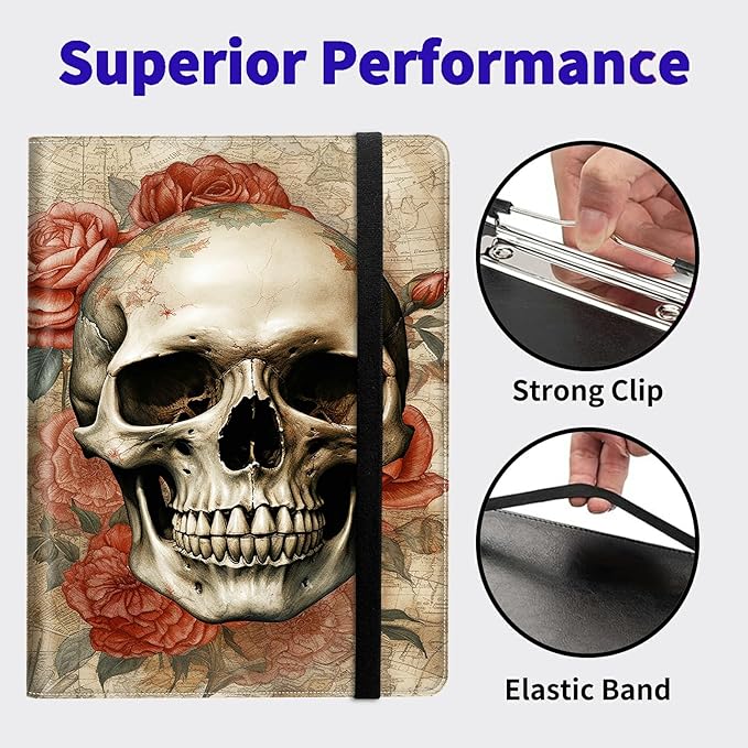 Skull Roses PU Leather Padfolio Clipboard Notepad with Pen Loop and Elastic Strap Interview/Resume Document Organizer for Business School Office