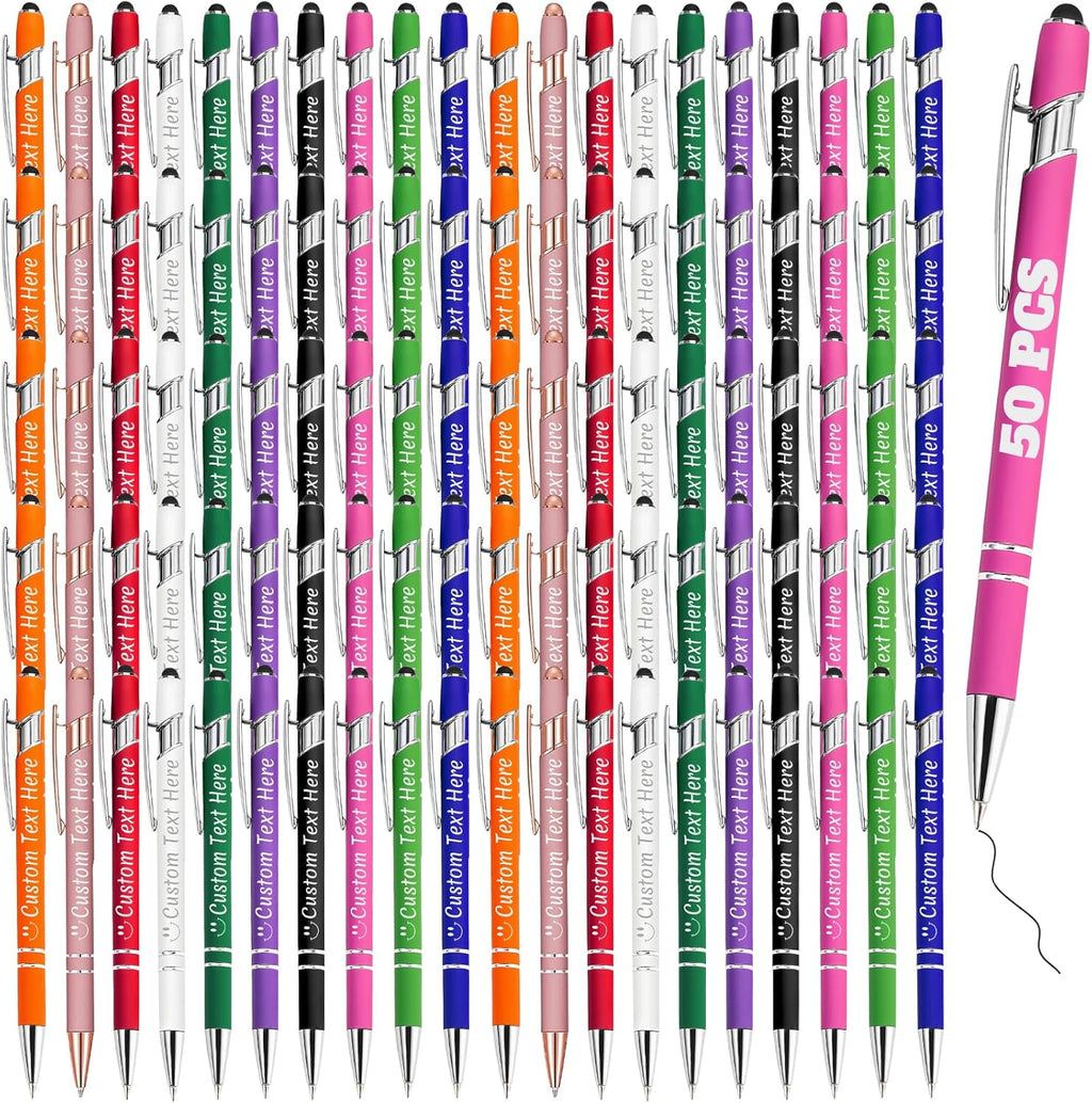 Personalized Pens Bulk 50 with Name Custom Engraving Ballpoint Pens with Stylus Tip Customized Smooth Writing Pens Personalized Gifts for Anniversary Birthday or Graduation(Assorted,Black Ink)
