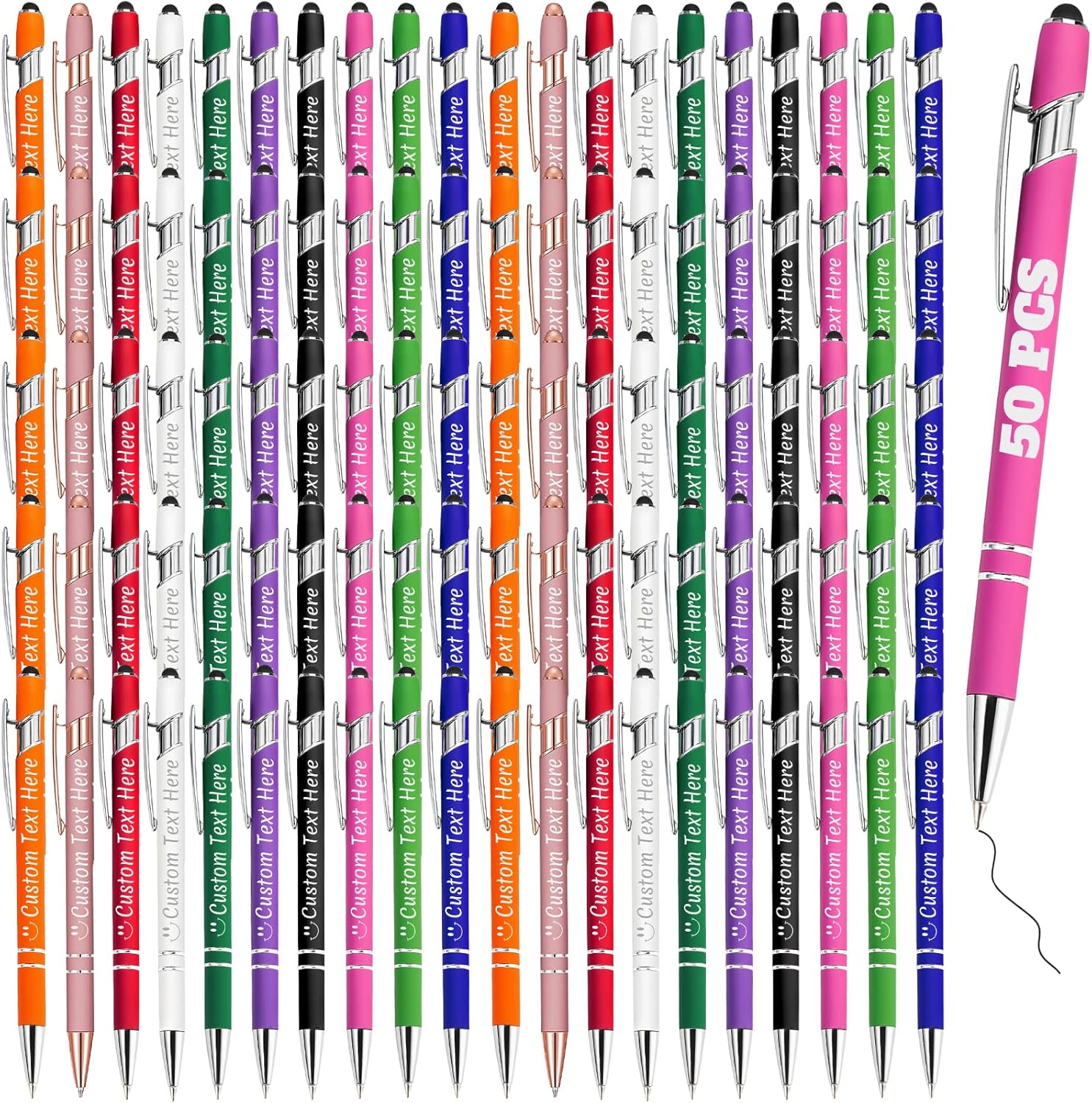 Personalized Pens Bulk 50 with Name Custom Engraving Ballpoint Pens with Stylus Tip Customized Smooth Writing Pens Personalized Gifts for Anniversary Birthday or Graduation(Assorted,Black Ink)