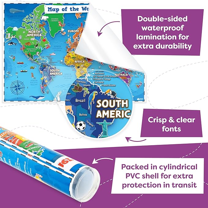 Momo & Nashi United States & World Map Poster for Kids - 2 Pc - 24 x 16 Inch Waterproof USA & Map of the World Poster - for Wall Posters for Learning, Classroom, Education, Back to School Resources