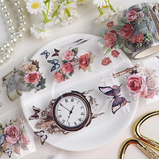 Vintage Flower PET Tape - Flower Butterfly Transparent Tape Junk Journal Supplies, Angel Cat Scrapbooking Tapes for Art Crafts Decorative Scrapbook Journal, Aesthetic Junk Journal Supplies