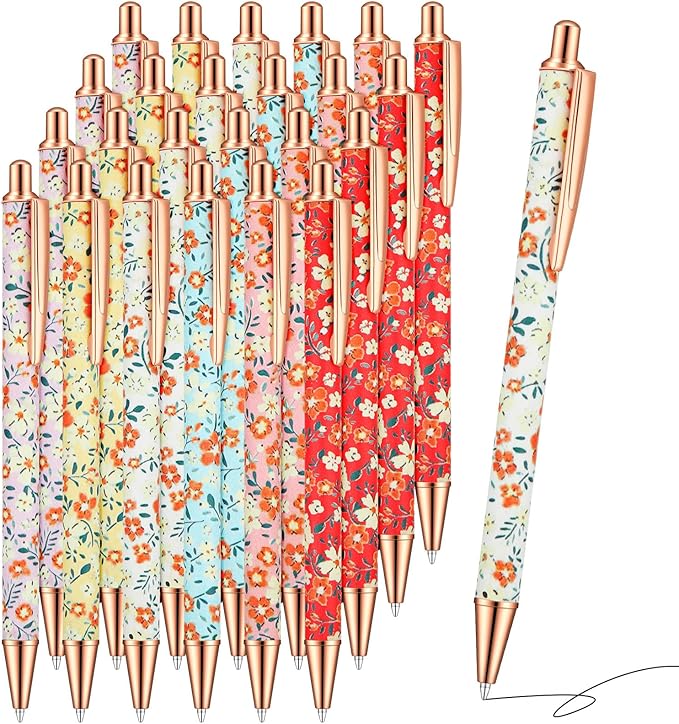 Glenmal 24 Pcs Flower Pens for Women Floral Ballpoints Pretty Fancy Pens Retro Floral Cute Ballpoints Black Ink Metal Retractable Writing Journaling Gifts for Office Supplies