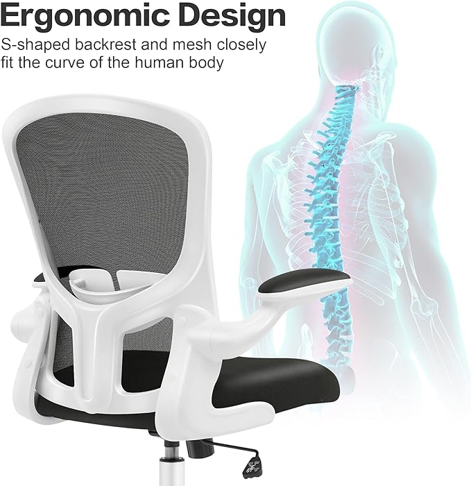 FelixKing Office Desk Chairs, Ergonomic PC Desk Chair with Wheels, Adjustable Lumbar Support and Height, Swivel Computer Chair with Flip-up Armrests, Ergo Mesh Backrest for Working (White)