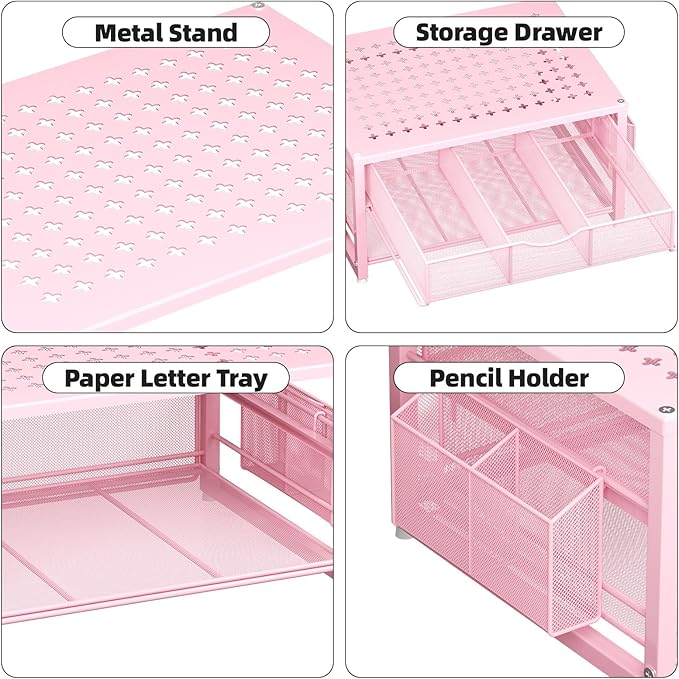 Marbrasse Metal Printer Stand for Desk with Storage Drawer and 2 Pen Holders, 2-Tier Desktop Organizer Printer Table for Home Office, Multi-Purpose Desk Organizer for Fax Machine Scanner Files(Pink)