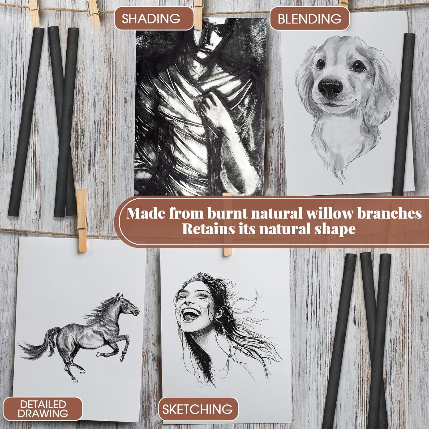 Gueevin 25 Pcs Willow Charcoal Sticks, Willow Charcoal, Artists, Beginners, Students, Perfect for Sketching, Drawing, Shading, and Fine Art (7-9mm)